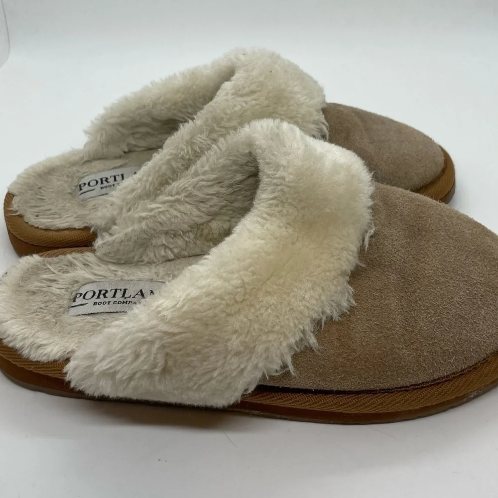 Portland Boot Company Fur Lining Brown Leather Slip On Slippers Size 6 - Picture 4 of 8